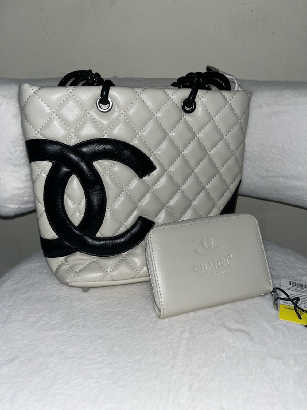 White Quilted Tote with Black C C Logo